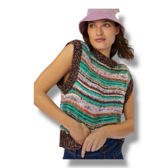 Maeve Anthropologie Flecked Metallic Striped Sweater Vest One Size - Picture 1 of 6